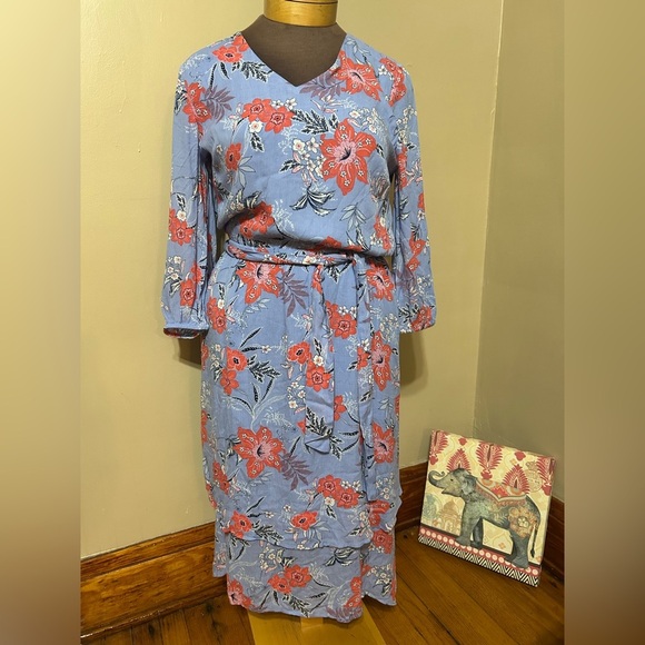 J Jill Sz S  Tropical Floral Blue Dipped Hem V Neck Belted Dress W/pockets - Picture 4 of 11